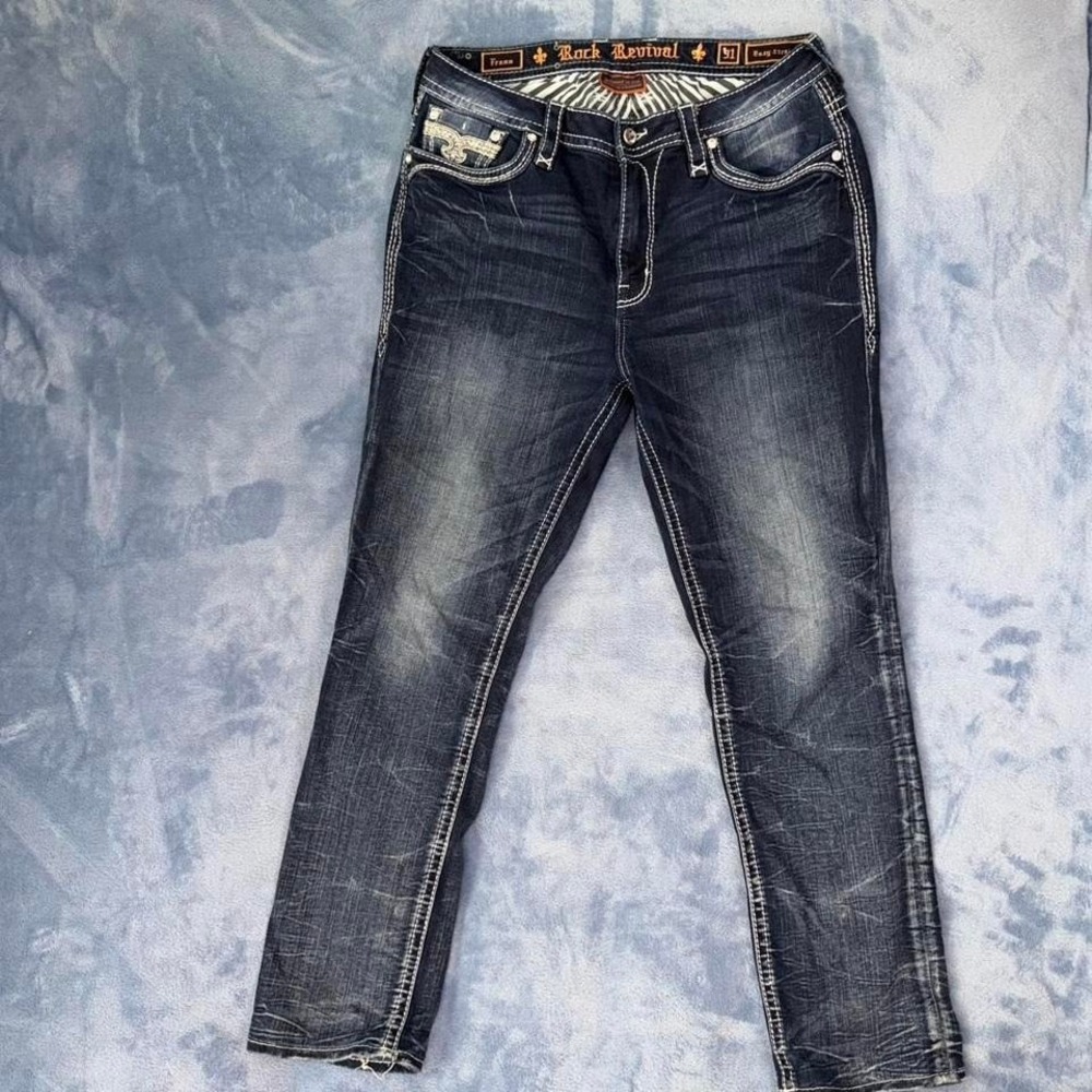 Rock Revival navy blue low rise bootcut jeans with white stitching women size 31